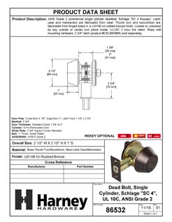 Product Data Specification Sheet Of A Commercial Deadbolt Single Cylinder, UL Fire Rated, ANSI 2 Function, UL Fire Rated, ANSI 2, Vigilant Collection - Oil Rubbed Bronze Finish - Product Number 86532