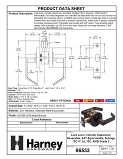 Product Data Specification Sheet Of A Commercial Door Lever Set Intruder Classroom / Keyed Function, UL Fire Rated, ANSI 2, Vigilant Collection - Oil Rubbed Bronze Finish - Product Number 86533