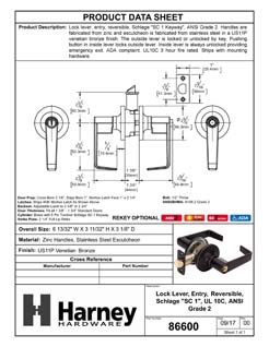 Product Data Specification Sheet Of A Commercial Door Lever Set Keyed / Entry Function, UL Fire Rated, ANSI 2, Atlas Collection - Venetian Bronze Finish - Product Number 86600