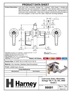 Product Data Specification Sheet Of A Commercial Door Lever Set Keyed / Entry Function, UL Fire Rated, ANSI 2, Atlas Collection - Satin Chrome Finish - Product Number 86601