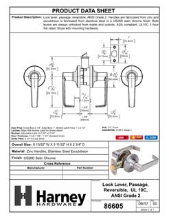 Product Data Specification Sheet Of A Commercial Door Lever Set Closet / Hall / Passage Function, UL Fire Rated, ANSI 2, Atlas Collection - Satin Chrome Finish - Product Number 86605
