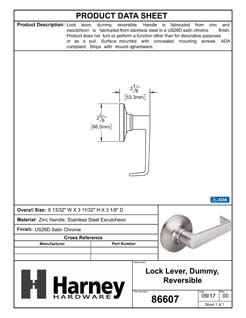 Product Data Specification Sheet Of A Door Lever Inactive / Dummy Function Atlas Collection - Satin Chrome Finish - Product Number 86607