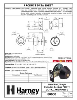 Product Data Specification Sheet Of A Commercial Deadbolt Single Cylinder, UL Fire Rated, ANSI 2, Atlas Collection - Venetian Bronze Finish - Product Number 86608