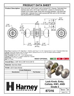Product Data Specification Sheet Of A Door Knob Set Keyed / Entry Function Callista Collection - Satin Nickel Finish - Product Number 87316