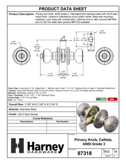 Product Data Specification Sheet Of A Door Knob Set Bed / Bath / Privacy Function Callista Collection - Satin Nickel Finish - Product Number 87318