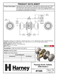 Product Data Specification Sheet Of A Door Knob Set Closet / Hall / Passage Function Callista Collection - Satin Nickel Finish - Product Number 87320