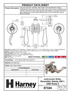 Product Data Specification Sheet Of A Door Lever Set Keyed / Entry Function Dakota Collection - Satin Nickel Finish - Product Number 87324
