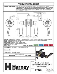 Product Data Specification Sheet Of A Door Lever Set Keyed / Entry Function Dakota Collection - Venetian Bronze Finish - Product Number 87325