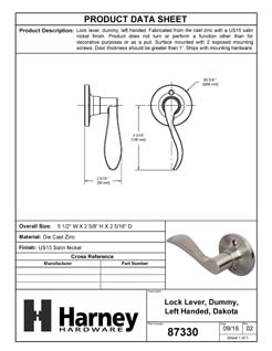 Product Data Specification Sheet Of A Door Lever Inactive / Dummy Function Dakota Collection - Satin Nickel Finish - Product Number 87330
