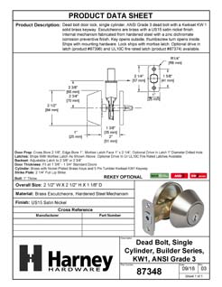 Product Data Specification Sheet Of A Keyed Single Cylinder Deadbolt - Satin Nickel Finish - Product Number 87348