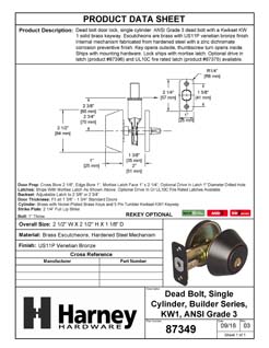 Product Data Specification Sheet Of A Keyed Single Cylinder Deadbolt - Venetian Bronze Finish - Product Number 87349