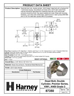 Product Data Specification Sheet Of A Keyed Double Cylinder Deadbolt - Satin Nickel Finish - Product Number 87350