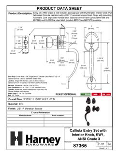 Product Data Specification Sheet Of A Front Door Handleset With Interior Door Knob Contemporary Style Callista Collection - Venetian Bronze Finish - Product Number 87365