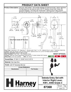 Product Data Specification Sheet Of A Front Door Handleset With Interior Right Handed Lever Dakota Collection - Venetian Bronze Finish - Product Number 87368