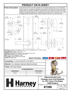 Product Data Specification Sheet Of A Interconnected Door Lock Reversible Passage Lever, UL Fire Rated, ANSI 2, Largo Collection - Satin Nickel Finish - Product Number 87390