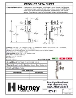 Product Data Specification Sheet Of A Front Door Handleset With Interior Door Knob Contemporary Style Brooklyn Collection - Satin Nickel Finish - Product Number 87411