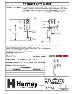 Product Data Specification Sheet Of A Front Door Handleset With Interior Door Knob Contemporary Style Brooklyn Collection - Chrome Finish - Product Number 87412