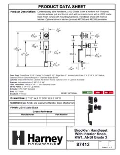 Product Data Specification Sheet Of A Front Door Handleset With Interior Door Knob Contemporary Style Brooklyn Collection - Matte Black Finish - Product Number 87413
