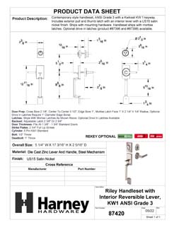 Product Data Specification Sheet Of A Front Door Handleset With Interior Reversible Lever Contemporary Style Riley Collection - Satin Nickel Finish - Product Number 87420