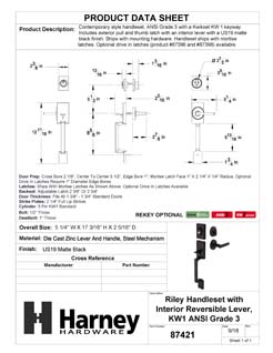 Product Data Specification Sheet Of A Front Door Handleset With Interior Reversible Lever Contemporary Style Riley Collection - Matte Black Finish - Product Number 87421