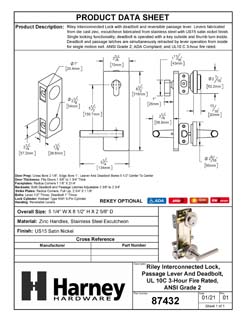 Product Data Specification Sheet Of A Interconnected Door Lock Reversible Passage Lever, UL Fire Rated, ANSI 2, Contemporary Style Riley Collection - Satin Nickel Finish - Product Number 87432