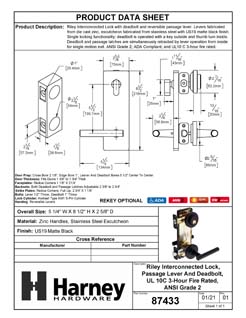 Product Data Specification Sheet Of A Interconnected Door Lock Reversible Passage Lever, UL Fire Rated, ANSI 2, Contemporary Style Riley Collection - Matte Black Finish - Product Number 87433