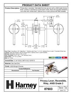 Product Data Specification Sheet Of A Door Lever Set Bed / Bath / Privacy Function Contemporary Style Riley Collection - Chrome Finish - Product Number 87603
