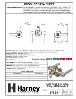Product Data Specification Sheet Of A Door Lever Set Keyed / Entry Function Contemporary Style Riley Collection - Satin Nickel Finish - Product Number 87624