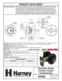 Product Data Specification Sheet Of A Keyed Single Cylinder Contemporary Deadbolt, Round Escutcheon - Matte Black Finish - Product Number 87626