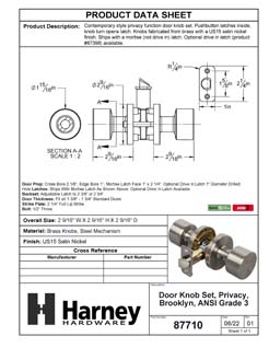 Product Data Specification Sheet Of A Door Knob Set Bed / Bath / Privacy Function Contemporary Style Brooklyn Collection - Satin Nickel Finish - Product Number 87710