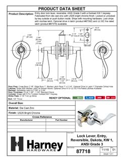 Product Data Specification Sheet Of A Door Lever Set Keyed / Entry Function Dakota Collection - Chrome Finish - Product Number 87718