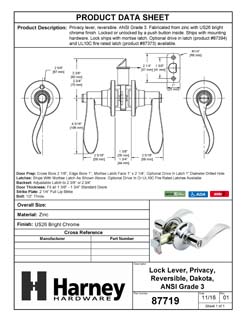 Product Data Specification Sheet Of A Door Lever Set Bed / Bath / Privacy Function Dakota Collection - Chrome Finish - Product Number 87719