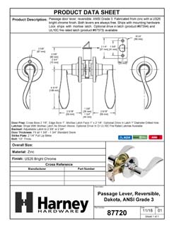 Product Data Specification Sheet Of A Door Lever Set Closet / Hall / Passage Function Dakota Collection - Chrome Finish - Product Number 87720