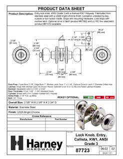 Product Data Specification Sheet Of A Door Knob Set Keyed / Entry Function Callista Collection - Chrome Finish - Product Number 87723