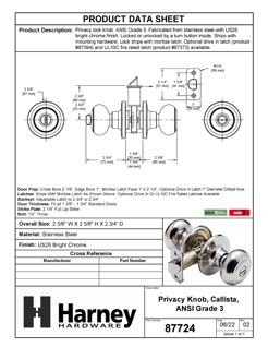 Product Data Specification Sheet Of A Door Knob Set Bed / Bath / Privacy Function Callista Collection - Chrome Finish - Product Number 87724