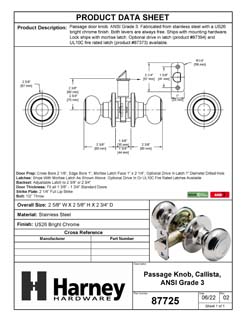 Product Data Specification Sheet Of A Door Knob Set Closet / Hall / Passage Function Callista Collection - Chrome Finish - Product Number 87725