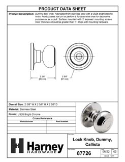 Product Data Specification Sheet Of A Door Knob Inactive / Dummy Function Callista Collection - Chrome Finish - Product Number 87726
