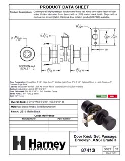 Product Data Specification Sheet Of A Door Knob Set Closet / Hall / Passage Function Contemporary Style Brooklyn Collection - Matte Black Finish - Product Number 87728