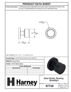 Product Data Specification Sheet Of A Door Knob Inactive / Dummy Function Contemporary Style Brooklyn Collection - Matte Black Finish - Product Number 87729