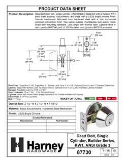 Product Data Specification Sheet Of A Keyed Single Cylinder Deadbolt - Chrome Finish - Product Number 87730