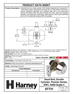 Product Data Specification Sheet Of A Keyed Double Cylinder Deadbolt - Chrome Finish - Product Number 87731