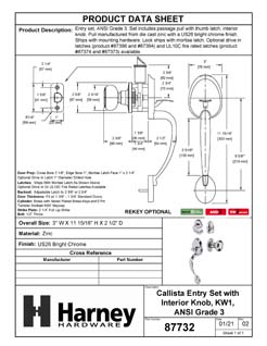 Product Data Specification Sheet Of A Front Door Handleset With Interior Door Knob Contemporary Style Callista Collection - Chrome Finish - Product Number 87732