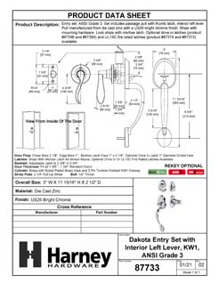 Product Data Specification Sheet Of A Front Door Handleset With Interior Left Handed Lever Dakota Collection - Chrome Finish - Product Number 87733