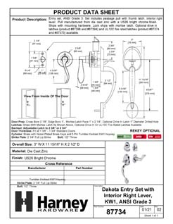 Product Data Specification Sheet Of A Front Door Handleset With Interior Right Handed Lever Dakota Collection - Chrome Finish - Product Number 87734