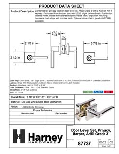 Product Data Specification Sheet Of A Door Lever Set Bed / Bath / Privacy Function Contemporary Style Harper Collection - Chrome Finish - Product Number 87737