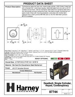 Product Data Specification Sheet Of A Keyed Single Cylinder Contemporary Deadbolt, Square Escutcheon - Venetian Bronze Finish - Product Number 87744