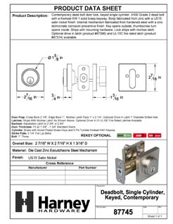 Product Data Specification Sheet Of A Keyed Single Cylinder Contemporary Deadbolt, Square Escutcheon - Satin Nickel Finish - Product Number 87745