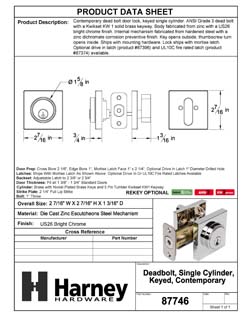 Product Data Specification Sheet Of A Keyed Single Cylinder Contemporary Deadbolt, Square Escutcheon - Chrome Finish - Product Number 87746