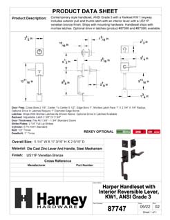 Product Data Specification Sheet Of A Front Door Handleset With Interior Reversible Lever Contemporary Style Harper Collection - Venetian Bronze Finish - Product Number 87747
