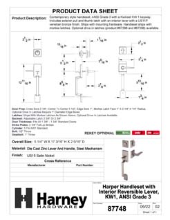 Product Data Specification Sheet Of A Front Door Handleset With Interior Reversible Lever Contemporary Style Harper Collection - Satin Nickel Finish - Product Number 87748